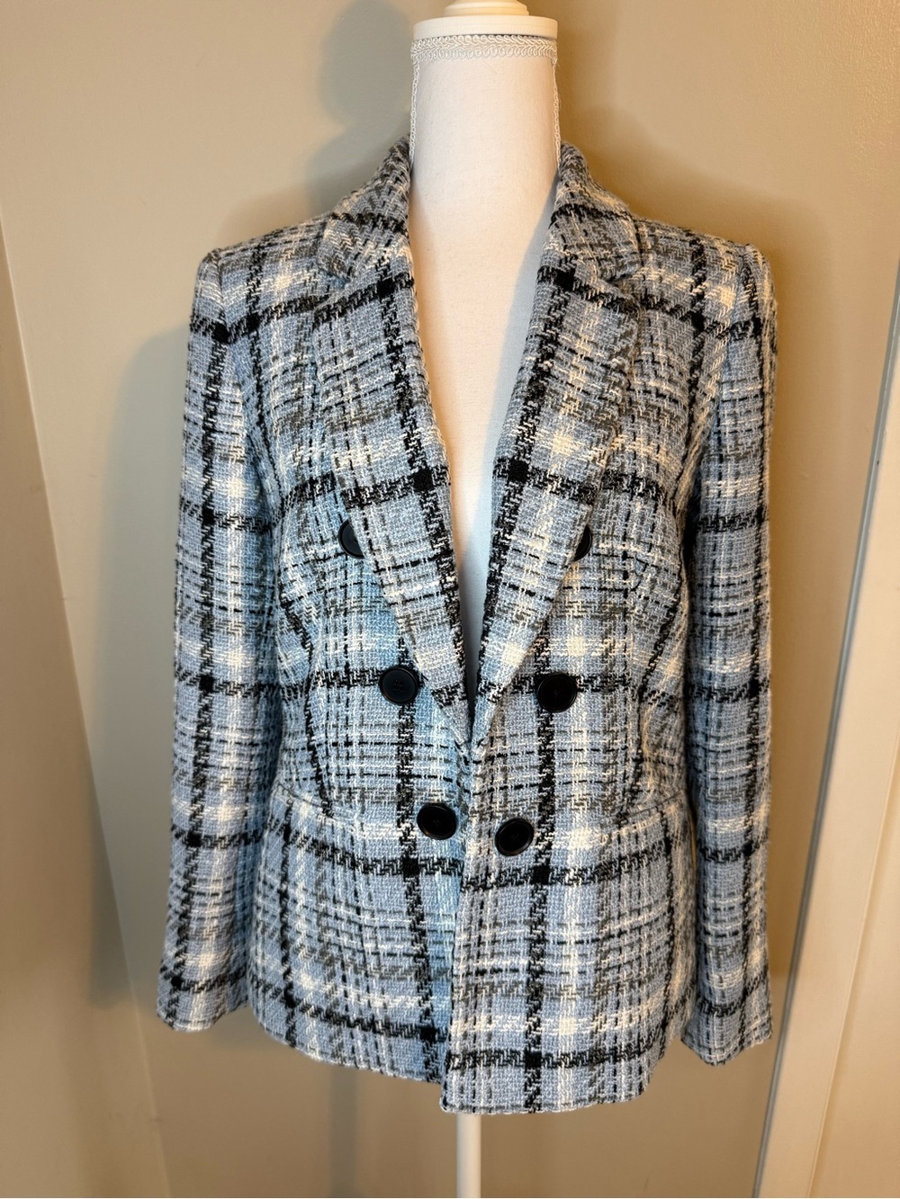 Jones New York Blue Plaid Tweed Double-Breasted Blazer - Size M